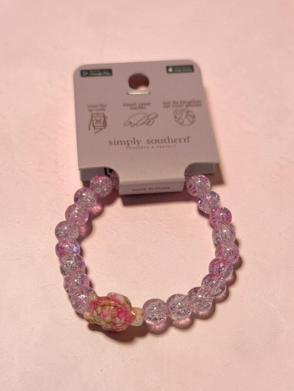 Simply Southern Light Pink Turtle Tracker Bracelet, w/Pink & Cream Turtle, NWT - Picture 2 of 3